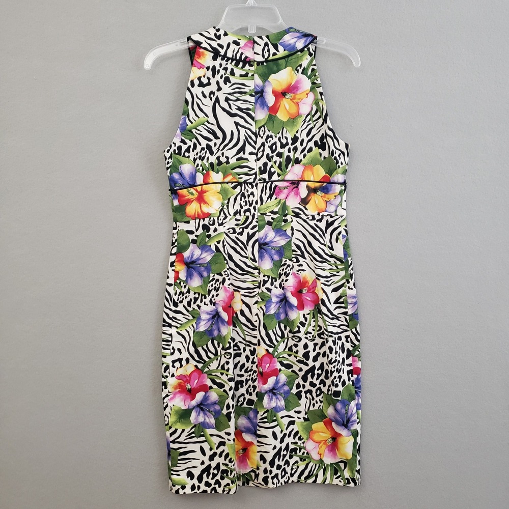 Madison Women Size 4 Tropical Floral Animal Print Sheath Dress V-Neck Cotton Mix - Picture 2 of 15